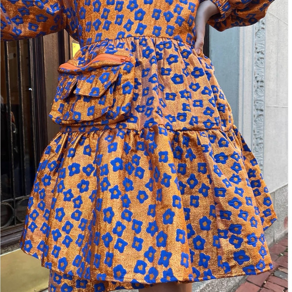 KkCo Koi Pond Utility Wrap Dress Asian Floral Flare Bubble Puff Sleeve - Picture 3 of 10